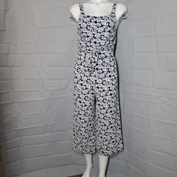 Beautees Women's One-Piece Cropped‎ Jumpsuit Size XL Navy Blue Floral Sleeveless - Picture 1 of 11